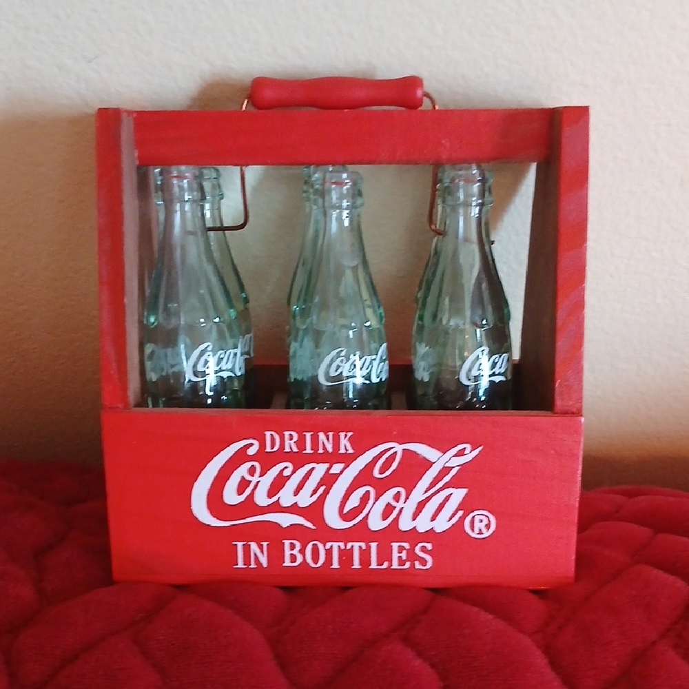 Coca Cola Red Wooden Carrier with Glass Bottles